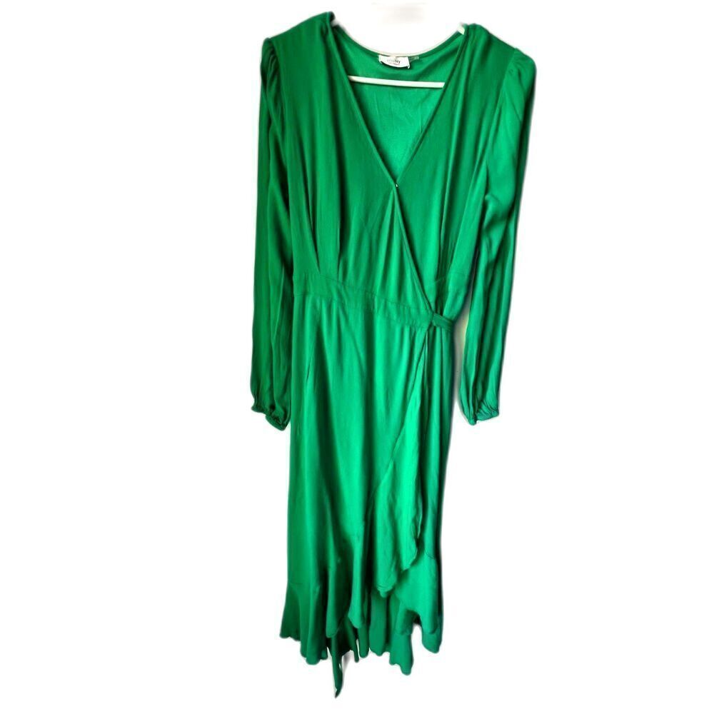 Bluivy womens midi dress long asymmetrical Vneck green sleeve trap size L